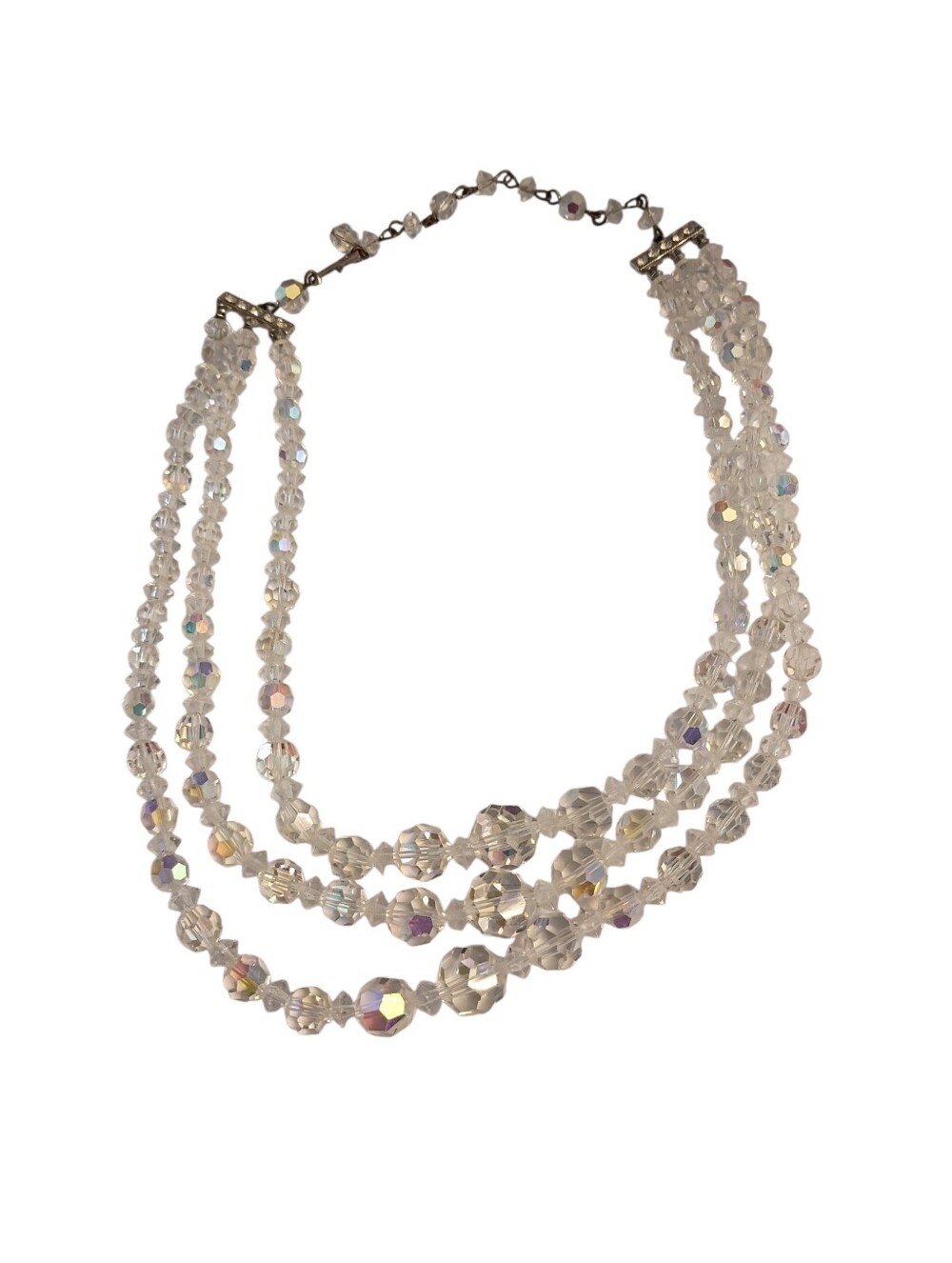Vintage Three-Strand Aurora Borealis Crystal Necklace 8.5"